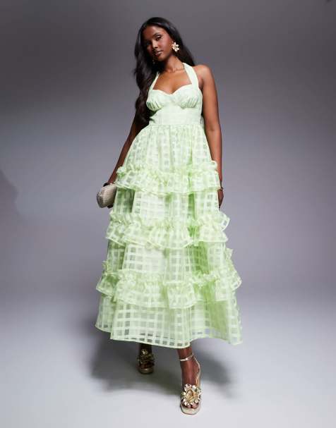 ASOS LUXE textured organza check halter maxi dress in bright green - view 1