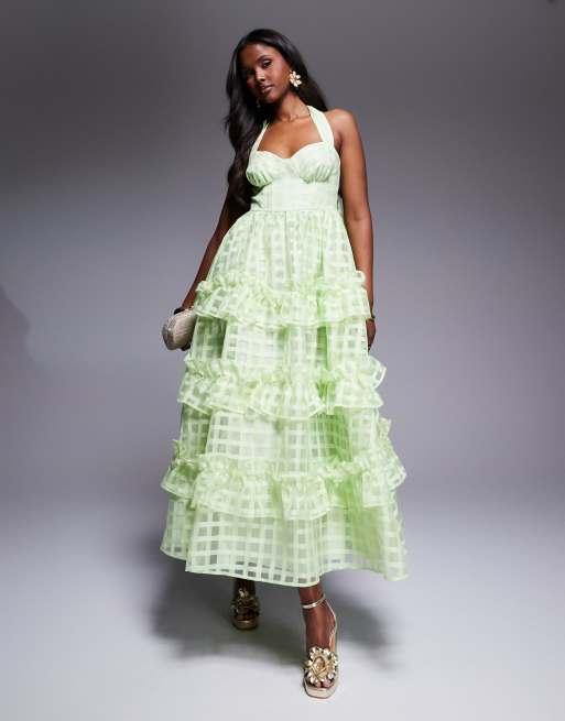 ASOS LUXE textured organza check halter maxi dress in pistachio