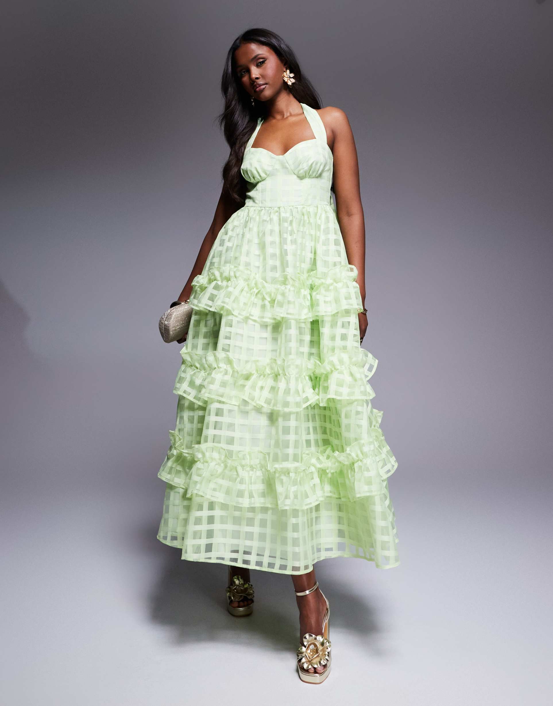 asos luxe textured organza checkered halter maxi dress in pistachio