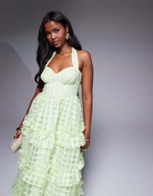 ASOS LUXE TEXTURED ORGANZA CHECKERED HALTER MAXI DRESS 