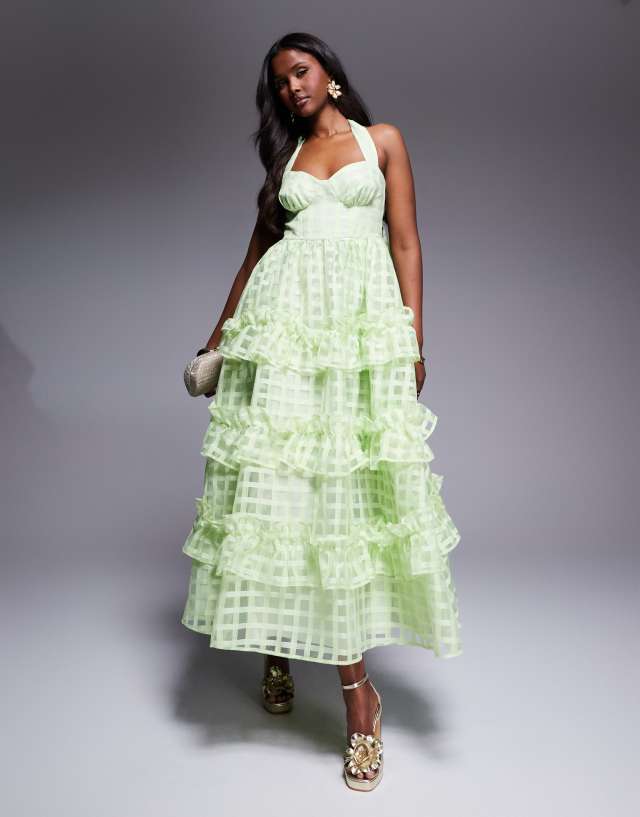 halter plaid dress ASOS LUXE Textured Organza Maxi in bright Green Halter mini dress