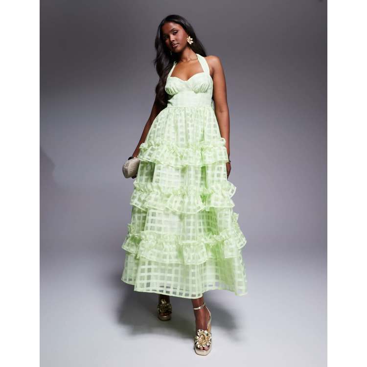 asos luxe organza ruched halter neck maxi dress textured plaid in bright green bridesmaiddress