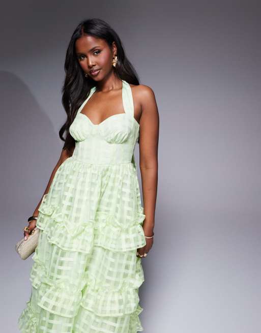 ASOS LUXE textured organza plaid halter maxi dress in bright green