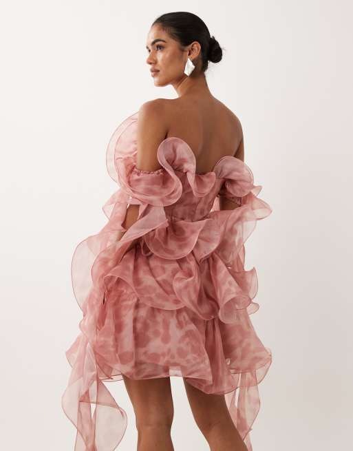 ASOS LUXE textured organza wired ruffle off-shoulder mini dress in pink leopard print, 4 of 4