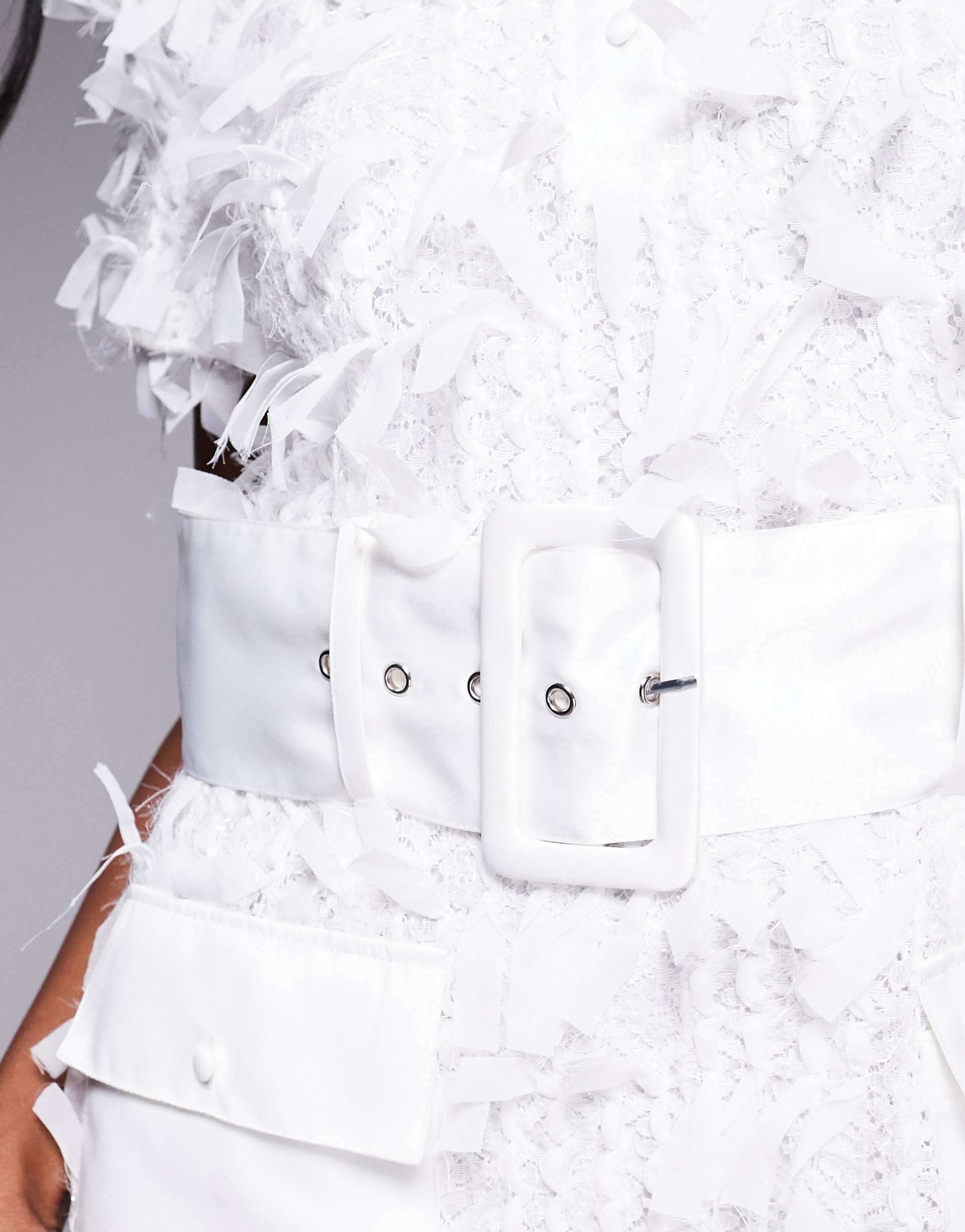 asos luxe textured structured mini dress with belt in white