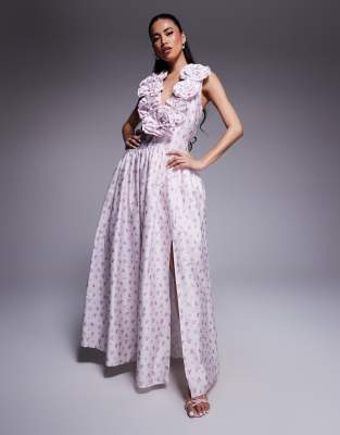 ASOS LUXE - Tief ausgeschnittenes Maxikleid aus Baumwollsatin mit Blümchenmuster, tiefer Taille und Ansteckblumendetails...
