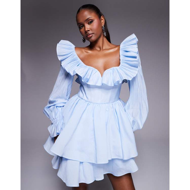 slim fit dress slacks Hollyn One-Shoulder Ruffle Mini Dress Baby Blue main image 0