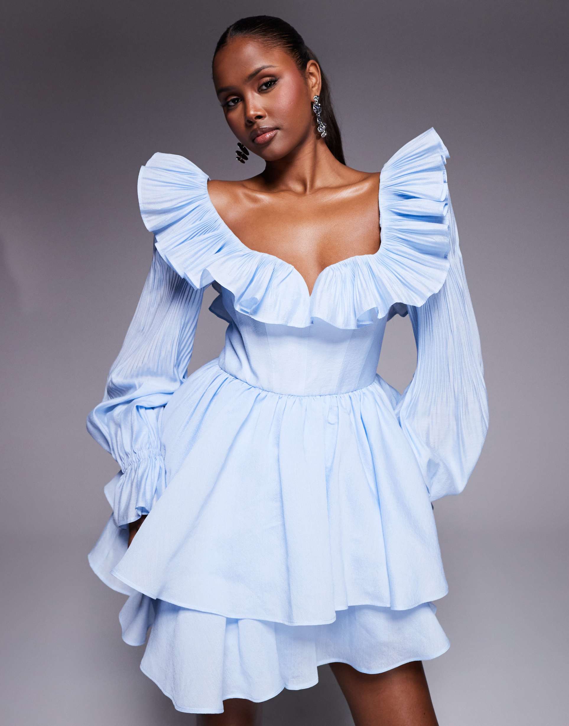 asos luxe tiered long sleeve mini dress with pleated detail in blue