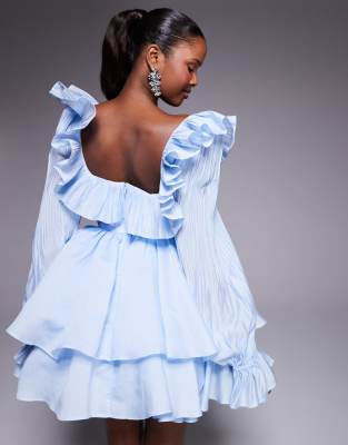 ASOS LUXE tiered long sleeve mini dress with pleated detail in blue