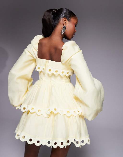 ASOS LUXE tiered puff sleeve mini dress with cut out trim in buttermilk