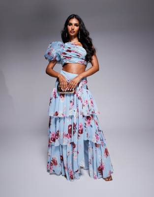 tiered ruffle organza maxi skirt in blue floral print - part of a set-Multi