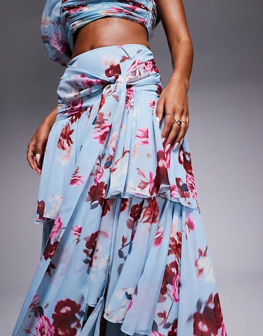 ASOS LUXE tiered ruffle organza maxi skirt in blue floral ASOS LUXE tiered ruffle organza maxi skirt in blue floral