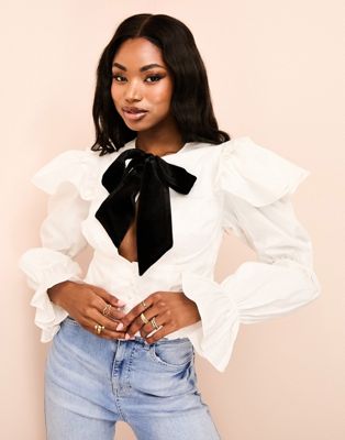 ASOS LUXE cotton poplin frilled top with contrast velvet pussybow in white - ASOS Price Checker