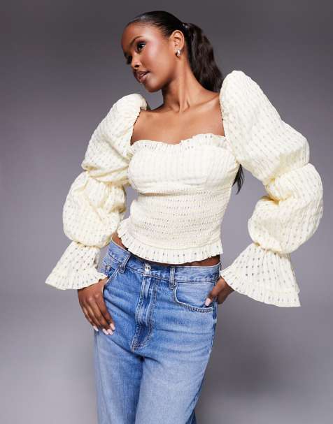 ASOS LUXE - Top arricciato color latticello testurizzato a quadretti con maniche a sbuffo - view 1