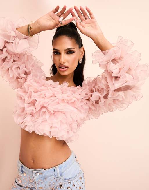 ASOS LUXE - Top bandeau à épaules dénudées à volants fleuris - Rose blush, 2 de 4