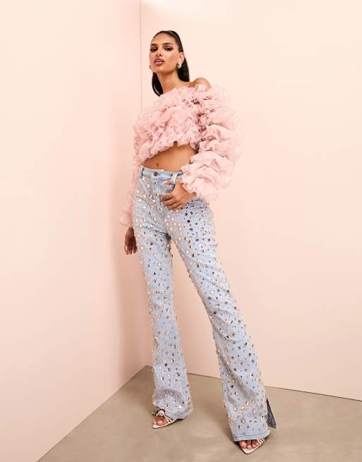 ASOS LUXE - Top bandeau à épaules dénudées à volants fleuris - Rose blush, 4 de 4