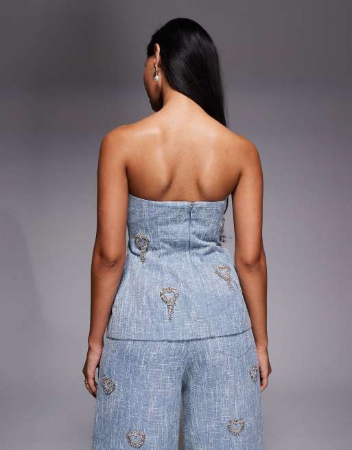 ASOS LUXE - Top bandeau d'ensemble en maille bouclée avec cœurs ornementés et taille corsetée - Bleu clair, 4 de 4