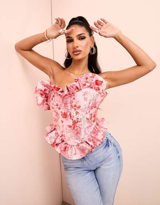 ASOS LUXE - Top bandeau style corset à volants en jacquard fleuri - Rose et rouge 