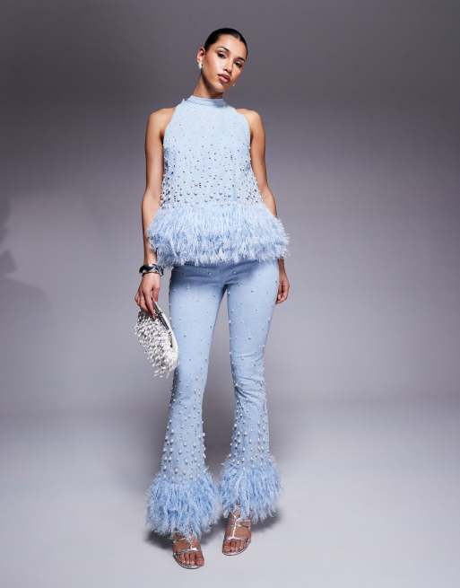 Asos Luxe Jeans Con Perle Sul Fondo ASOS LUXE Top Blu In Denim