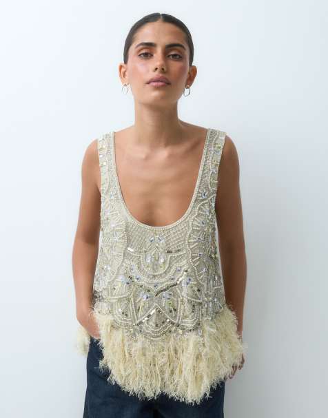 ASOS LUXE top con bajo de plumas sintéticas y cuello ancho en amarillo pálido - view 1
