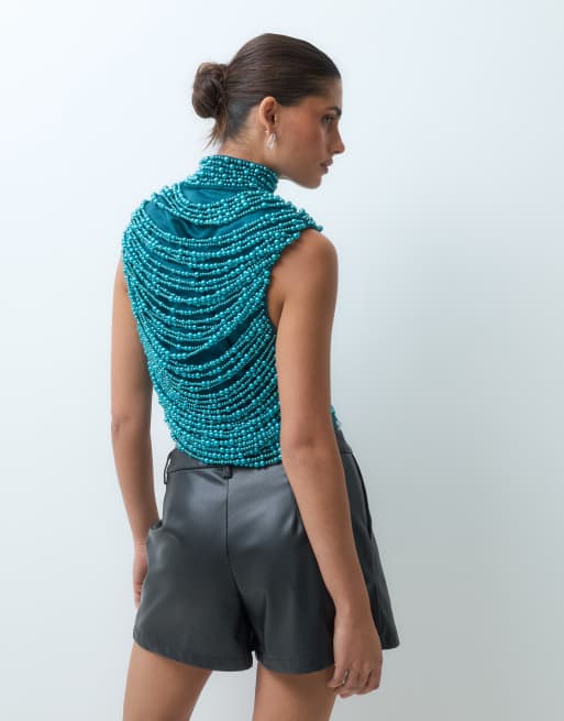 ASOS LUXE top con cuello alto y cuentas en verde intenso, 4 de 5