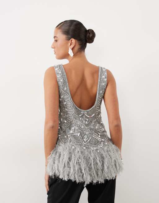 ASOS LUXE top con orlo in piume, scollo ampio e decorazioni argentate, 4 di 4