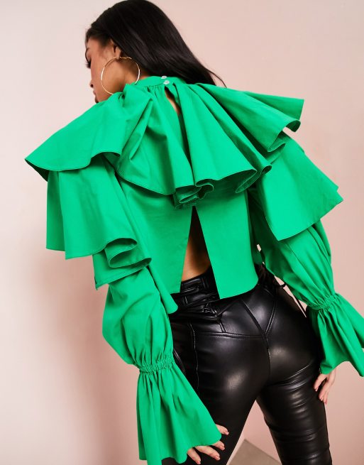 ASOS Luxe - Top con volant oversize in cotone verde, 2 di 4