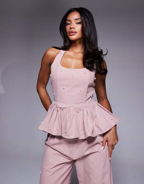 ASOS LUXE - Top corset à basque orné de perles en sergé de coton - Rose - view 1