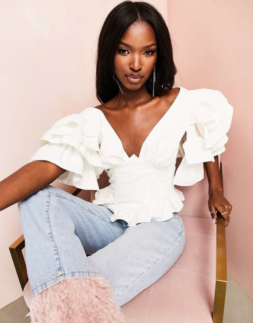 ASOS LUXE - Top corset avec manches à volants et ourlet à basque - Blanc