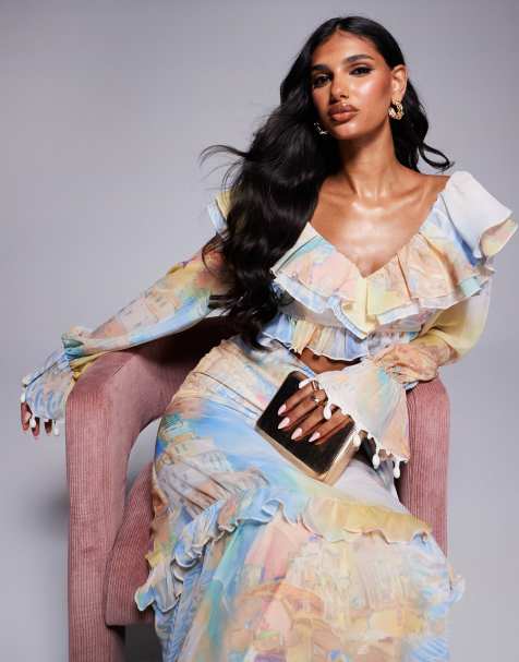ASOS LUXE - Top d'ensemble volanté en organza avec bordures ornées de coquillages et imprimé carte postale - view 1