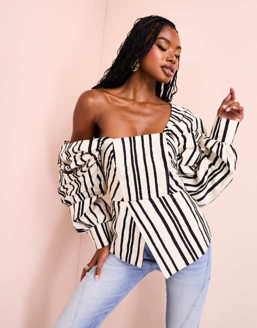 ASOS LUXE - Top en popeline de coton à rayures avec manches exagérées - Noir et crème