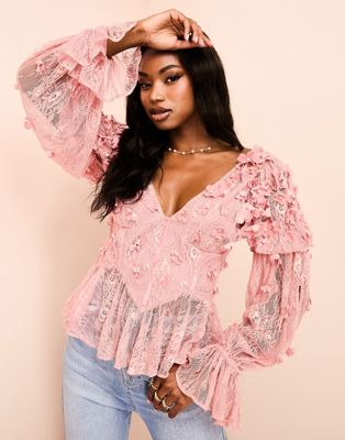 ASOS LUXE mesh long sleeved top with velvet flowers and pearl embellishement in pink - ASOS Price Checker