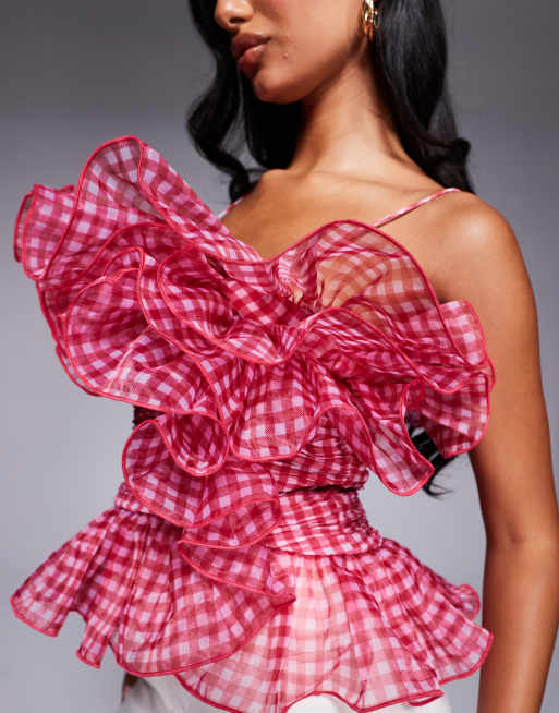 ASOS LUXE - Top med flæser og pink/hvide gingham-tern i organza, 2 af 4