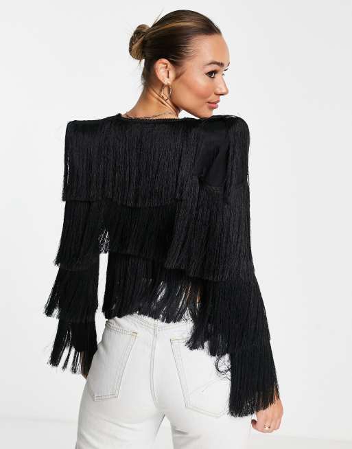 ASOS LUXE - Top met franjes en schoudervullingen in zwart, 2 van 4