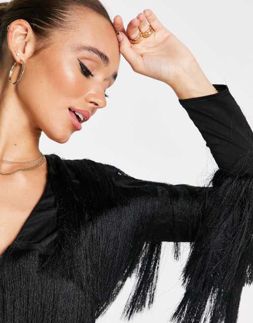 ASOS LUXE - Top met franjes en schoudervullingen in zwart, 3 van 4