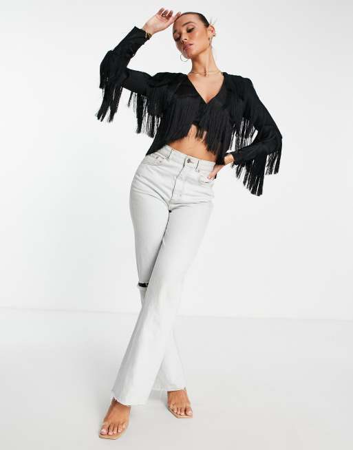ASOS LUXE - Top met franjes en schoudervullingen in zwart, 4 van 4