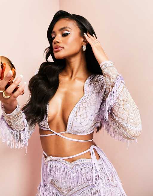 ASOS LUXE - Top met uitsnijdingen en versiering in lila, deel van co-ord set  