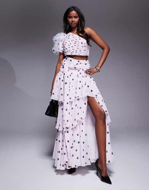 ASOS LUXE - Top monospalla con manica a campana in organza a pois in coordinato, 2 di 4