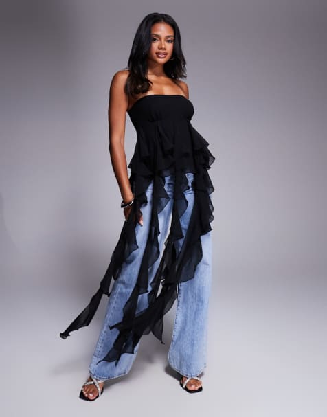 ASOS LUXE - Top nero con volant a cascata oversize - view 1