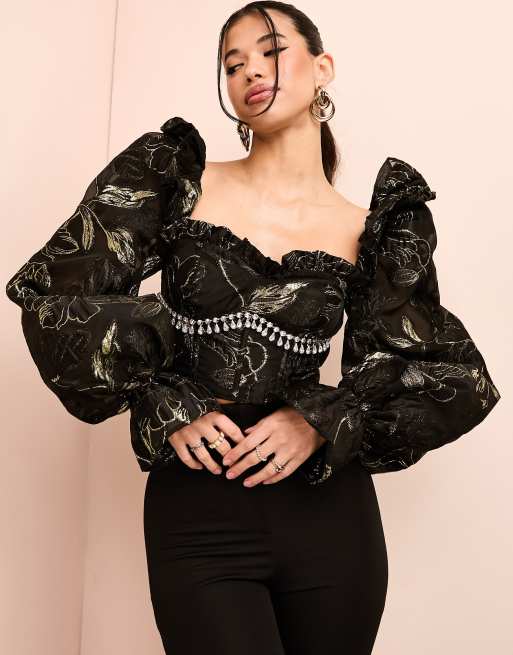 ASOS LUXE - Top ornementé en jacquard avec manches longues et décolleté en cœur - Noir/doré 