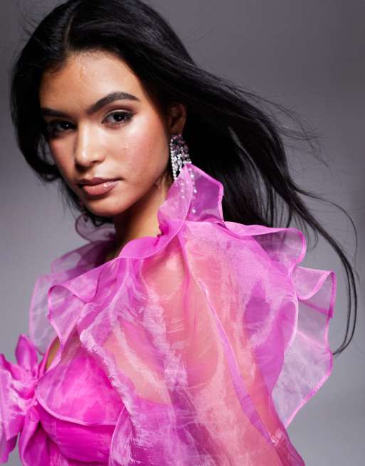 ASOS LUXE - Top smocké en organza avec détails noués - Rose vif, 3 de 4