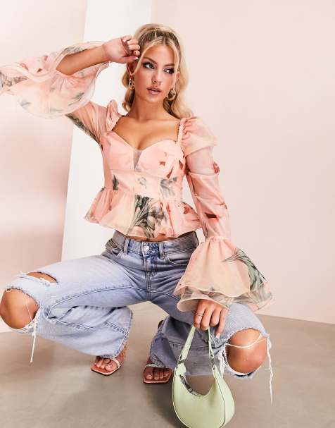 ASOS LUXE - Top van organza met peplum, uitlopende mouwen en bloemenprint in roze - view 1