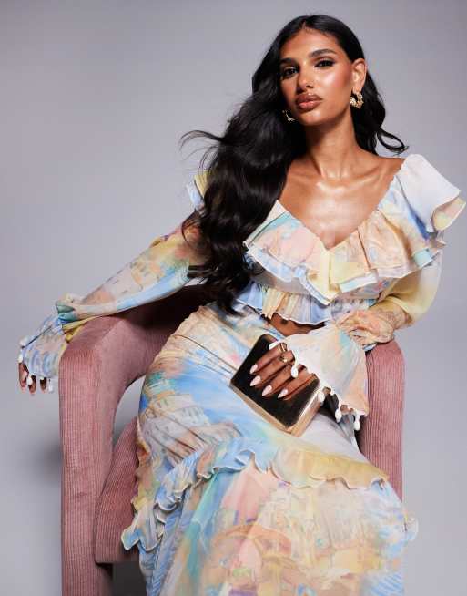 ASOS LUXE - Top van organza met ruches, schelpjes aan de randen en ansichtkaartprint, deel van co-ord set