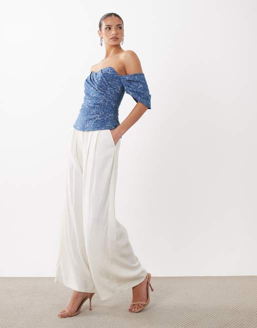 ASOS LUXE - Top vaquero azul estilo corsé con diseño cruzado, 3 de 4