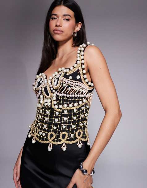 ASOS LUXE - Top versierd met parels in zwart - view 1