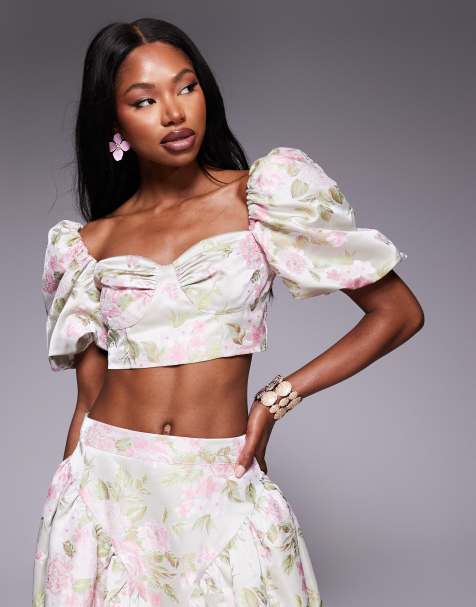 ASOS LUXE co-ord jacquard puff sleeve top in tulip jacquard