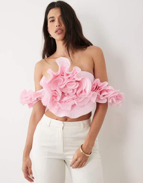 ASOS LUXE top z odkrytymi ramionami z trójwymiarowym kwiatowym detalem w różowym kolorze - view 1