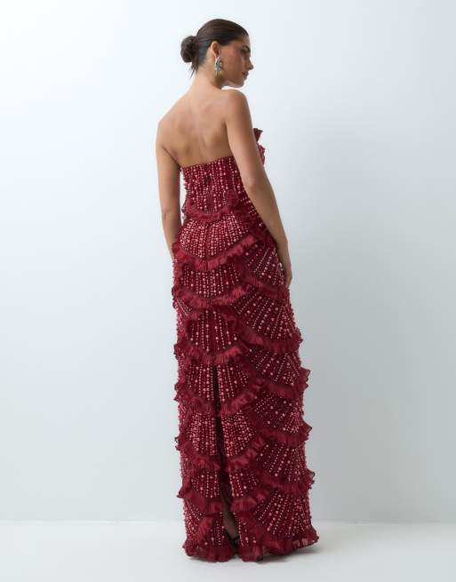 ASOS LUXE trägerloses Maxikleid mit Schmucksteinen und Bogenkantensaum in Burgunderrot, 5 von 5