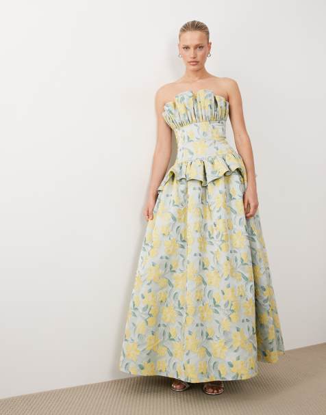 ASOS LUXE – Trägerloses, plissiertes Maxikleid aus Jacquard in Gelb und Blau - view 1