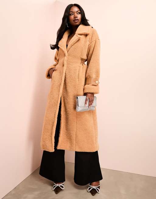 ASOS LUXE - Trench-coat long en imitation peau de mouton à taille froncée - Camel, 2 de 4